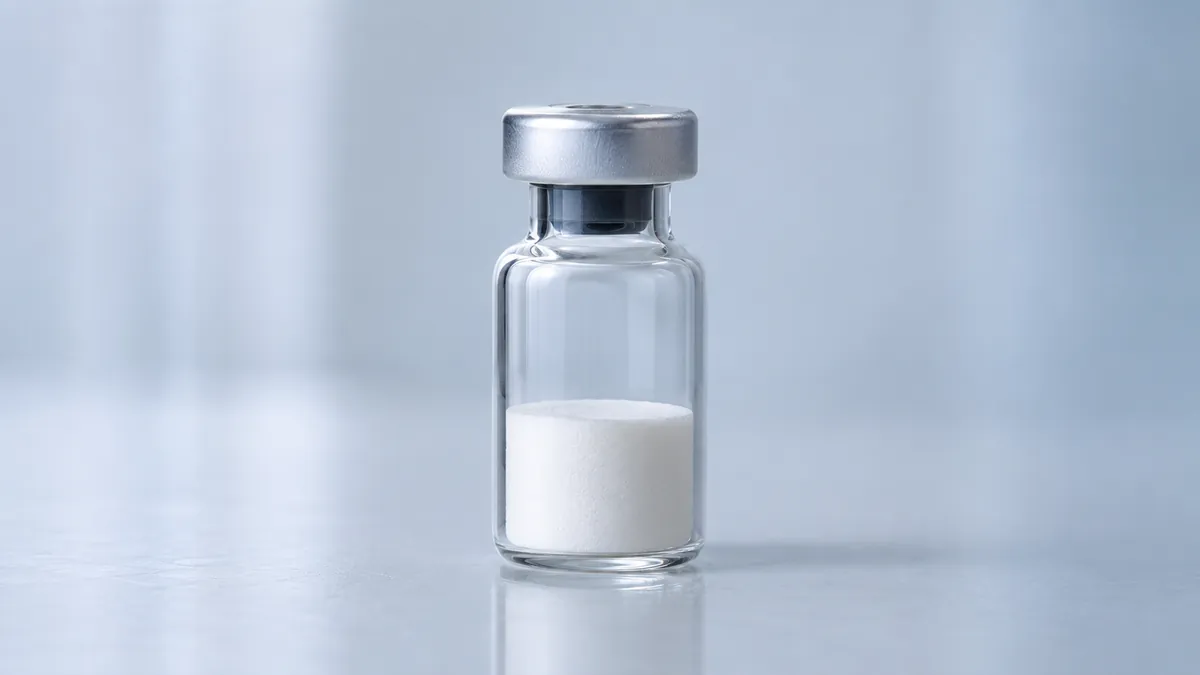 Флакон с белым лиофилизатом (сухой пористый продукт) на светлом фоне